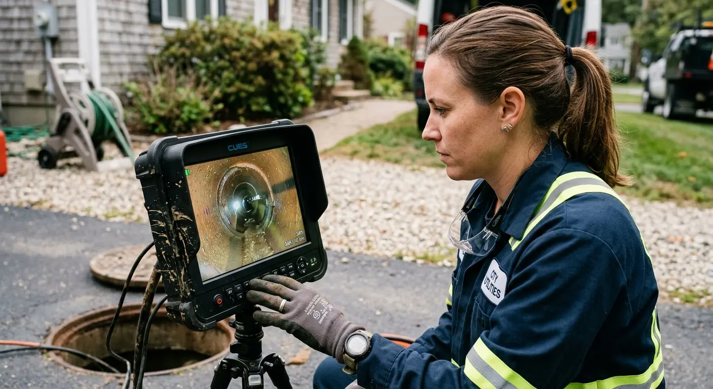 Technician reviewing sewer camera inspection footage in Colville
