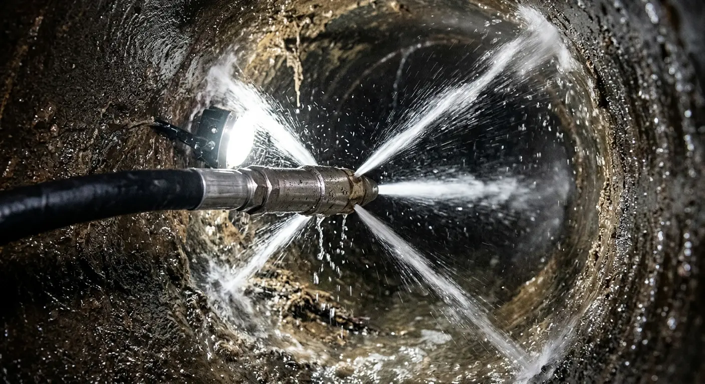 High-pressure hydro jetting nozzle cleaning sewer pipe for Emergency Drain Service in Colville