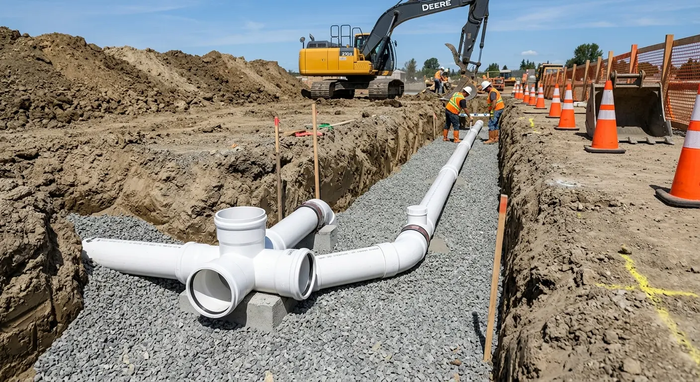 New PVC sewer pipe installation in open trench for Sewer Backup in Colville