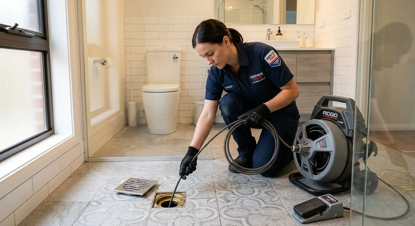 Technician clearing a bathroom floor drain for Hydro Jetting in Colville